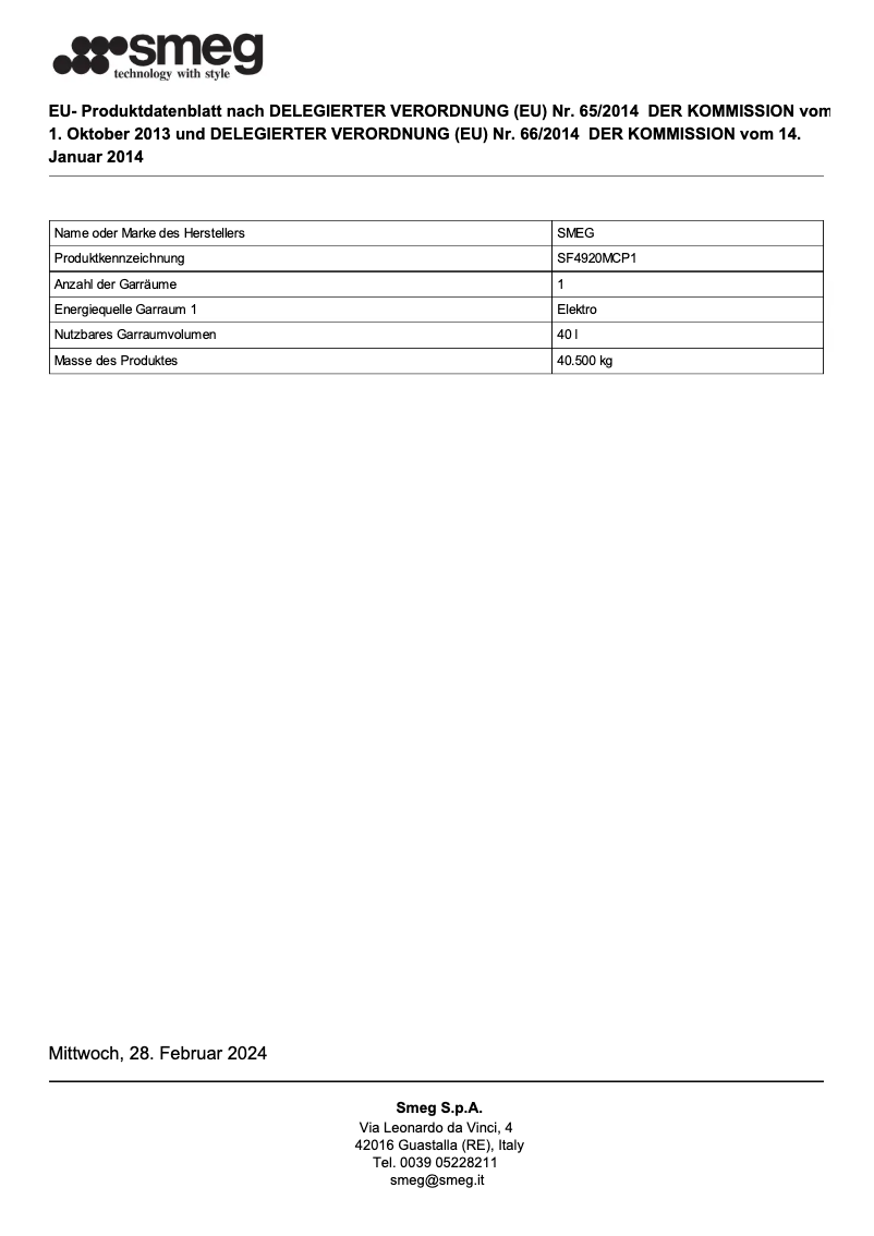 Page 1 of the manual Technical Sheet Smeg SF4920MCP1