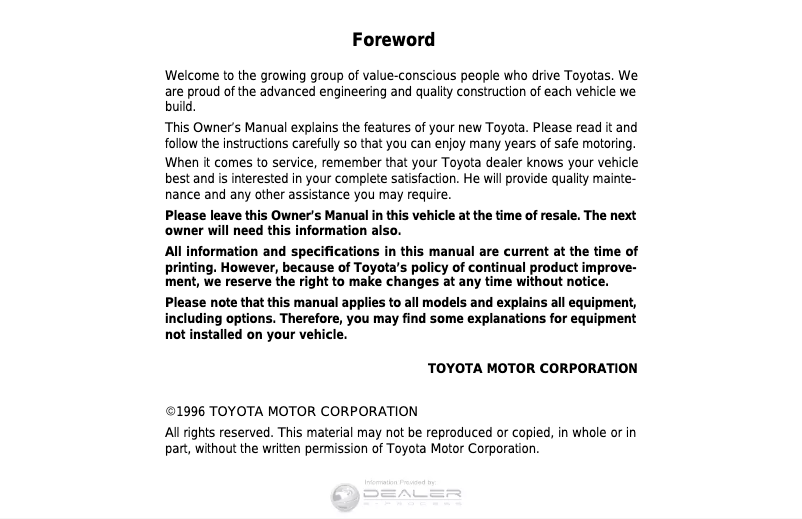 Page 1 of the manual User Manual Toyota Camry (1996)