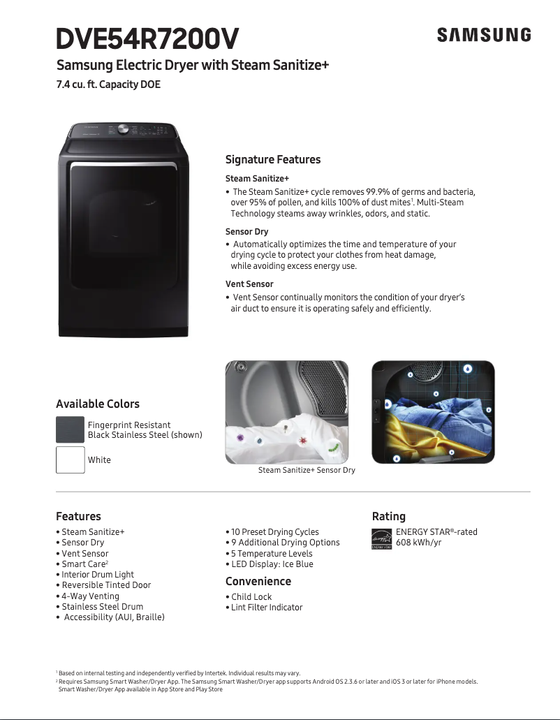 Page 1 of the manual Technical Sheet Samsung DVE54R7600W