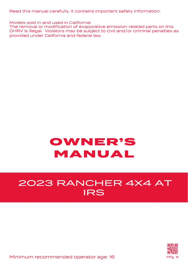 Page 1 of the manual User Manual Honda Rancher 4X4 AT IRS (2023)
