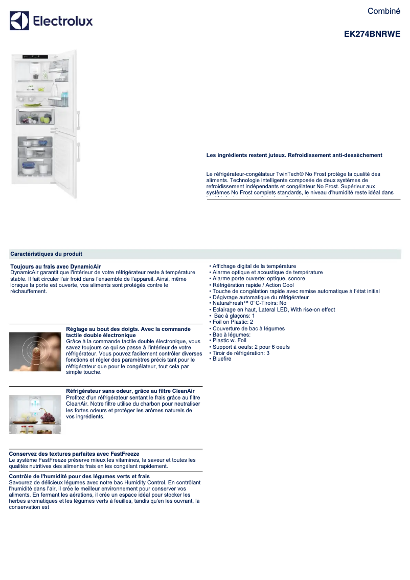 Page 1 of the manual Technical Sheet Electrolux EK274BNRWE