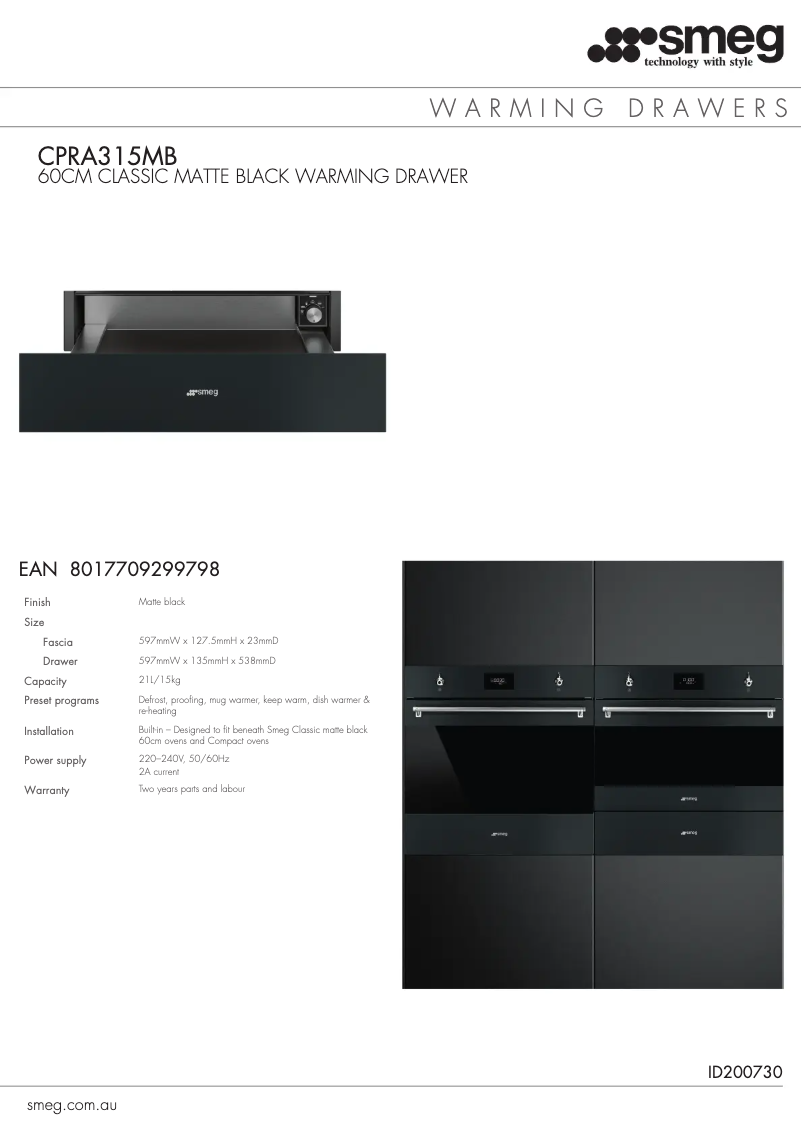 Page 1 de la notice Fiche technique Smeg CPRA315MB