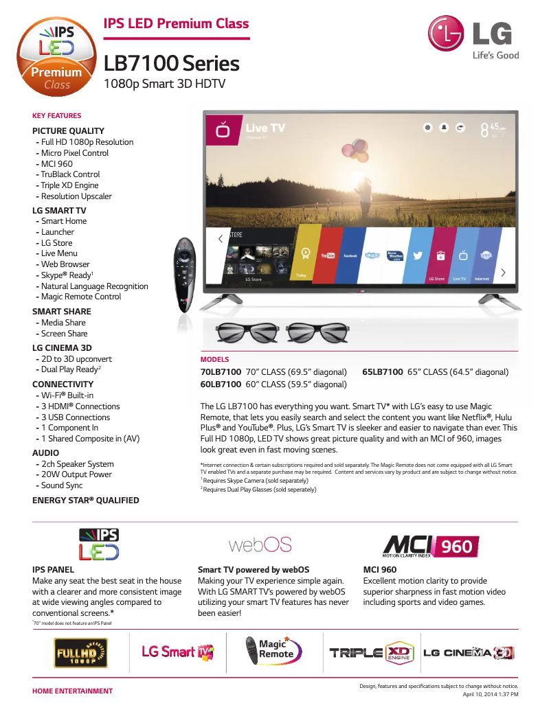 Page 1 of the manual Technical Sheet LG 70LB7100