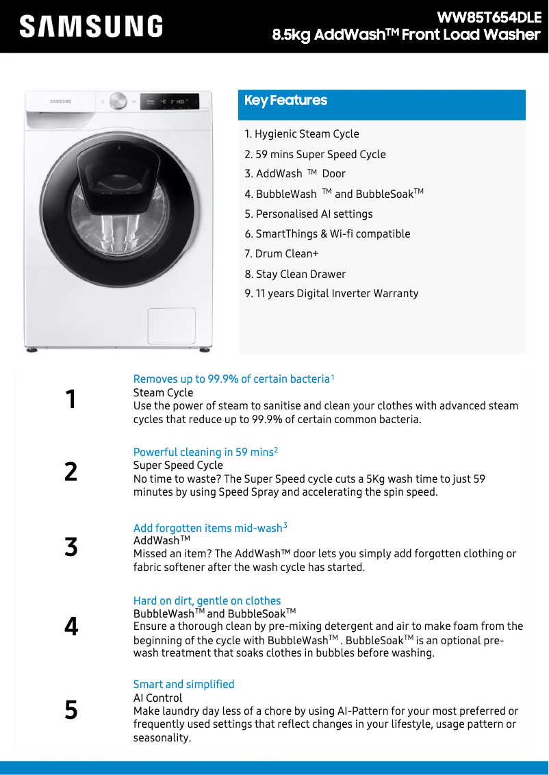 Page 1 of the manual Technical Sheet Samsung WW85T654DLE