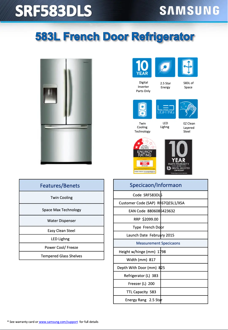 Page 1 of the manual Technical Sheet Samsung SRF583DLS