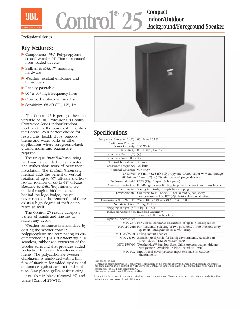 Page 1 of the manual Technical Sheet JBL Control 25