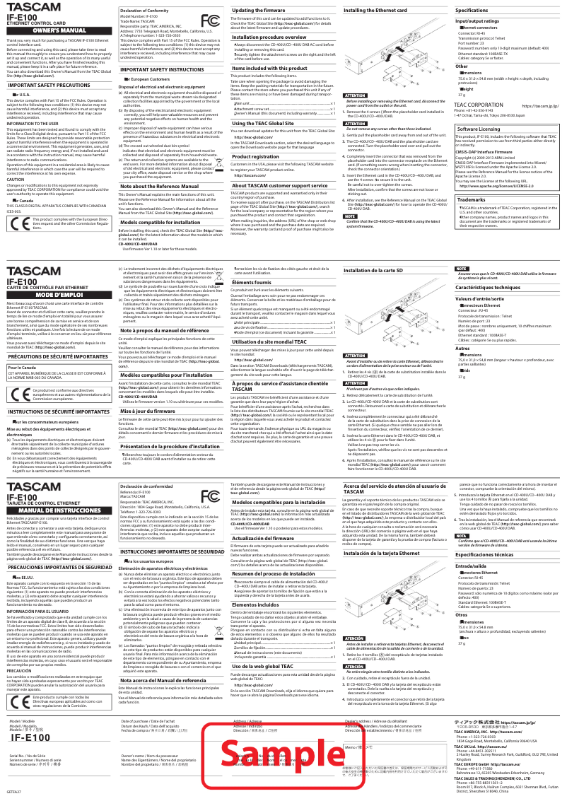 Page 1 of the manual User Manual Tascam IF-E100