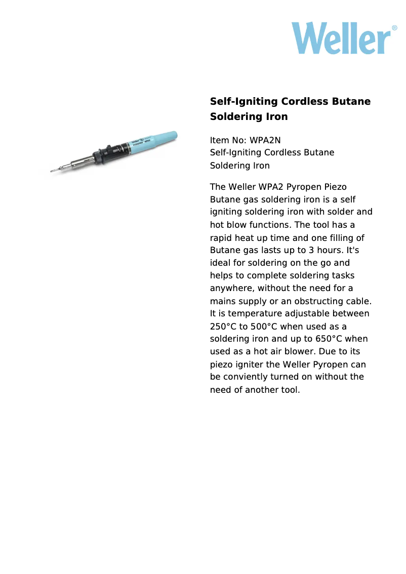 Page 1 of the manual Technical Sheet Weller WPA2N