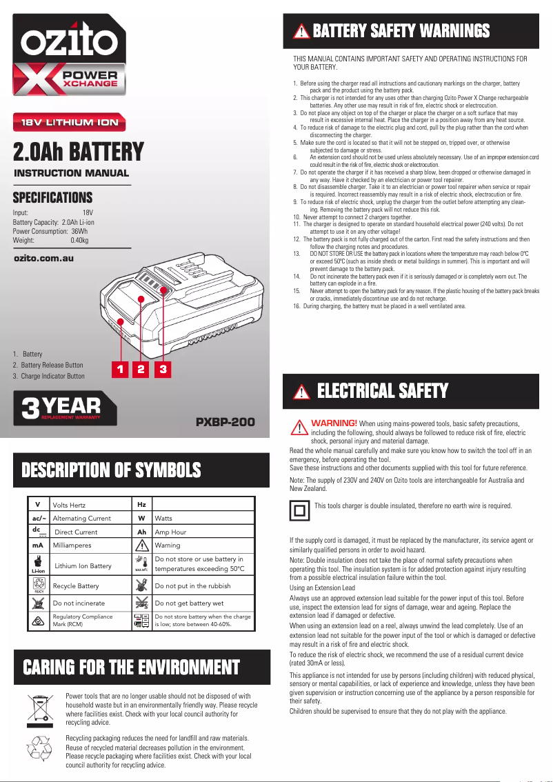 Page 1 of the manual User Manual Ozito PXBP-200