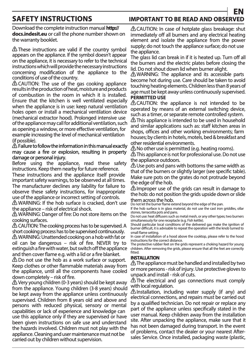 Page 1 of the manual Instructions / Assembly Indesit THA 642 IX/I