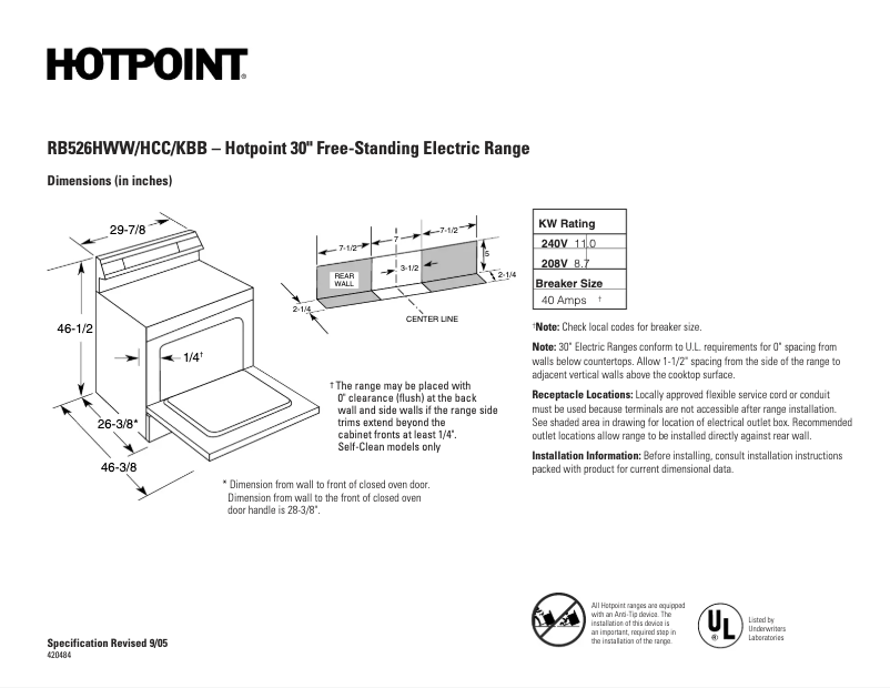 Page 1 of the manual Technical Sheet Hotpoint RB526HWW