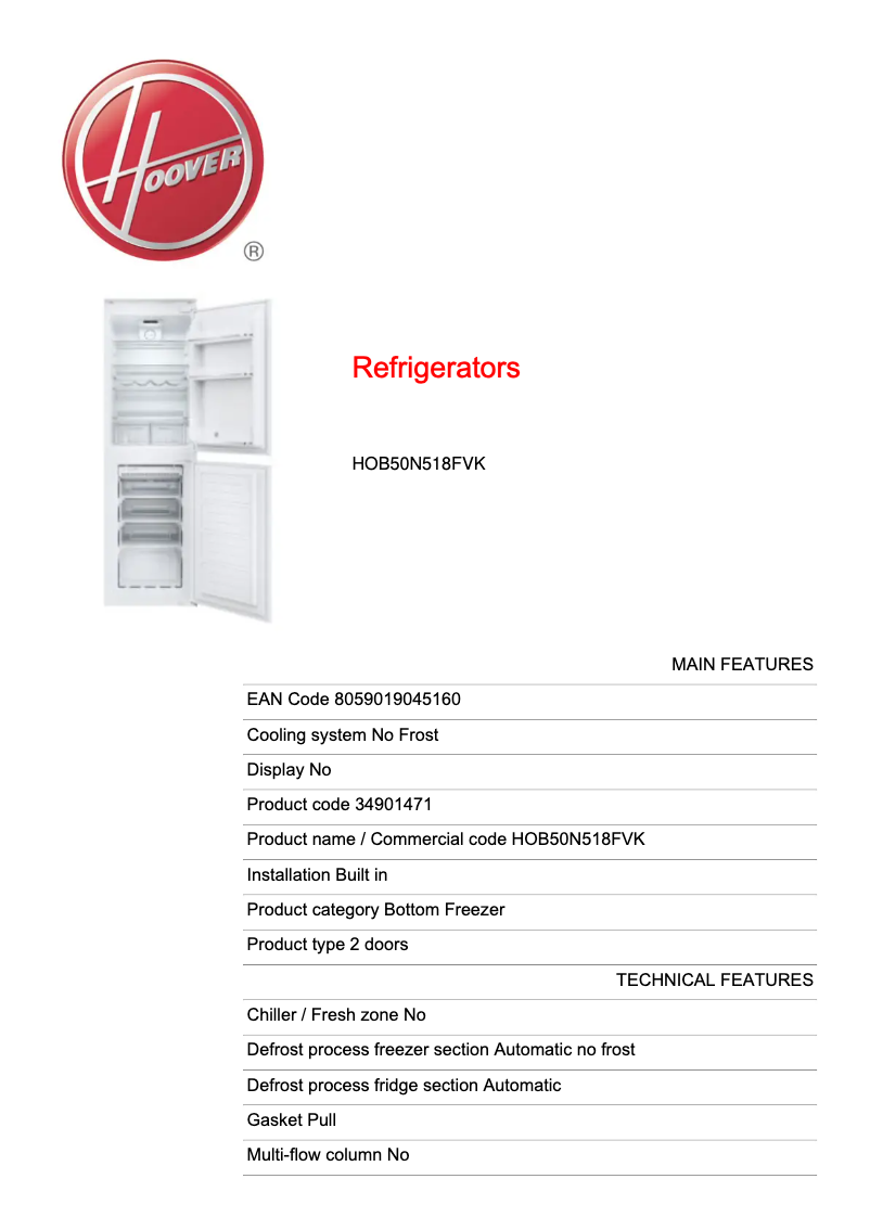 Page 1 of the manual Technical Sheet Hoover HOB50N518FVK