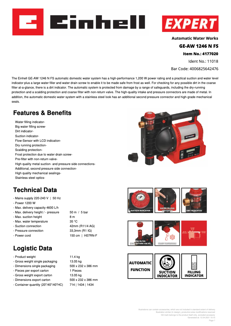Page 1 of the manual Technical Sheet Einhell GE-AW 1246 N FS