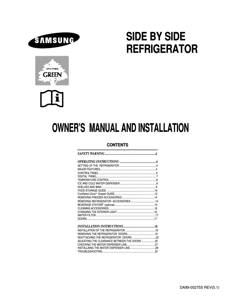 First page image of the manual for RS30KLSW