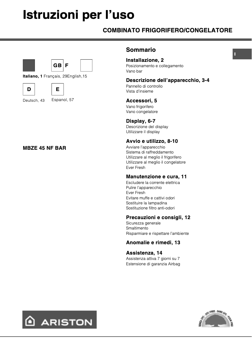 First page image of the manual for MBZE45NFBAR