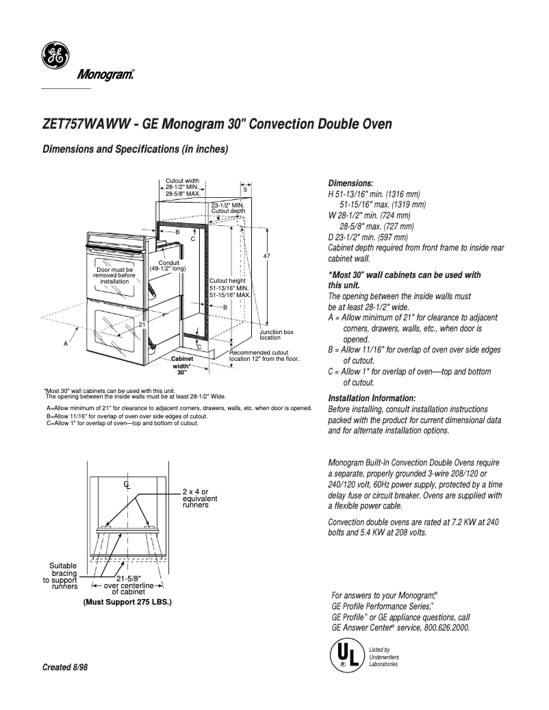 Page 1 of the manual Technical Sheet GE ZET757WAWW