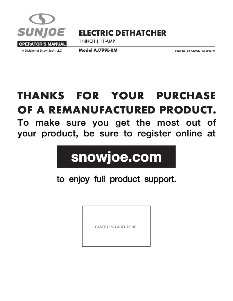 Page 1 of the manual User Manual Sun Joe AJ799E-RM