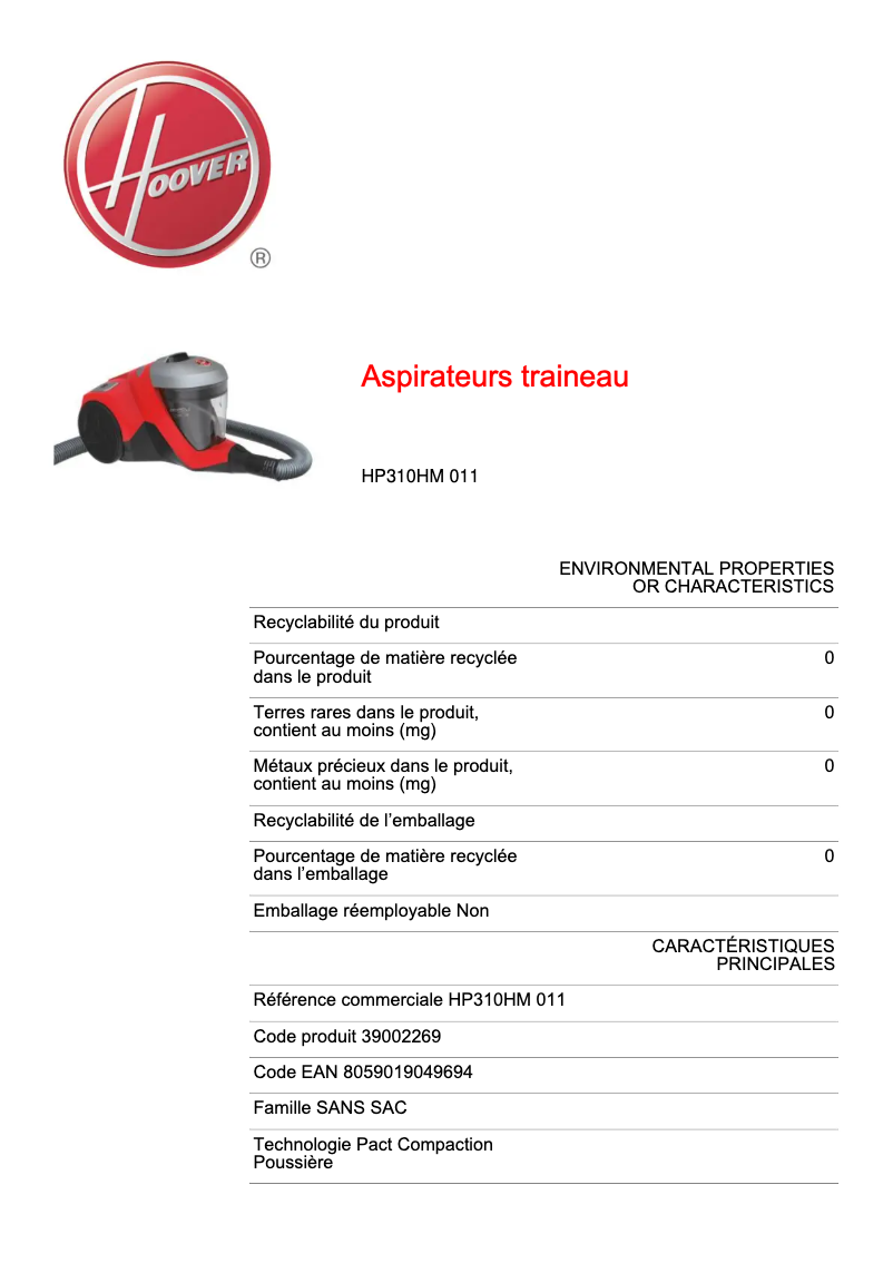 Page 1 of the manual Technical Sheet Hoover H-POWER 300 HP310HM 011