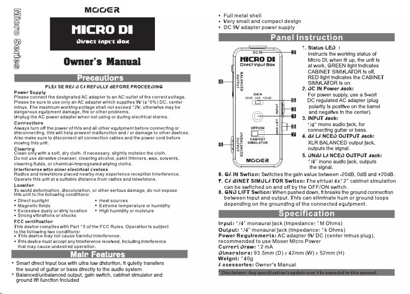 First page image of the manual for MICRO DI