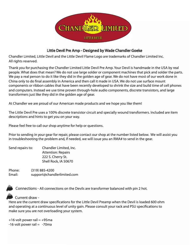 Page 1 of the manual User Manual Chandler Little Devil Pre Amp