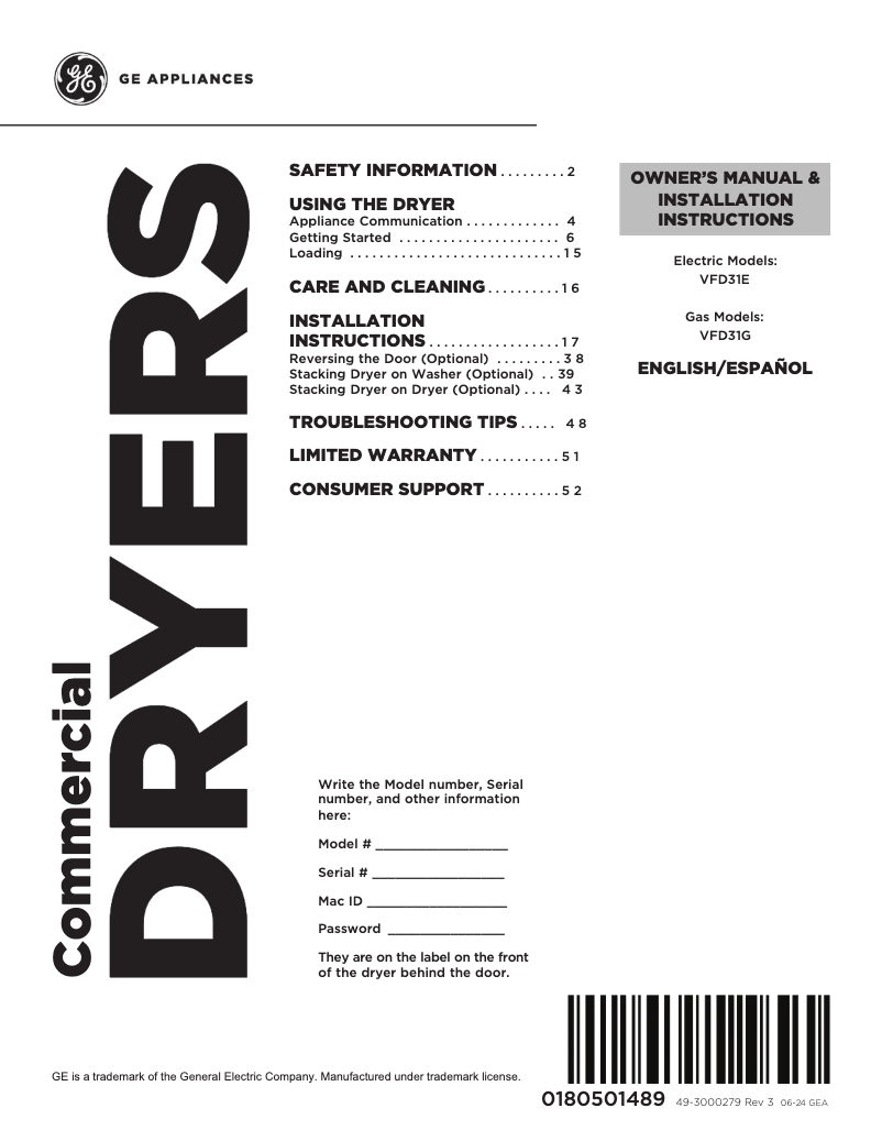 Page 1 of the manual Installation Guide GE VFD31GDSRWW
