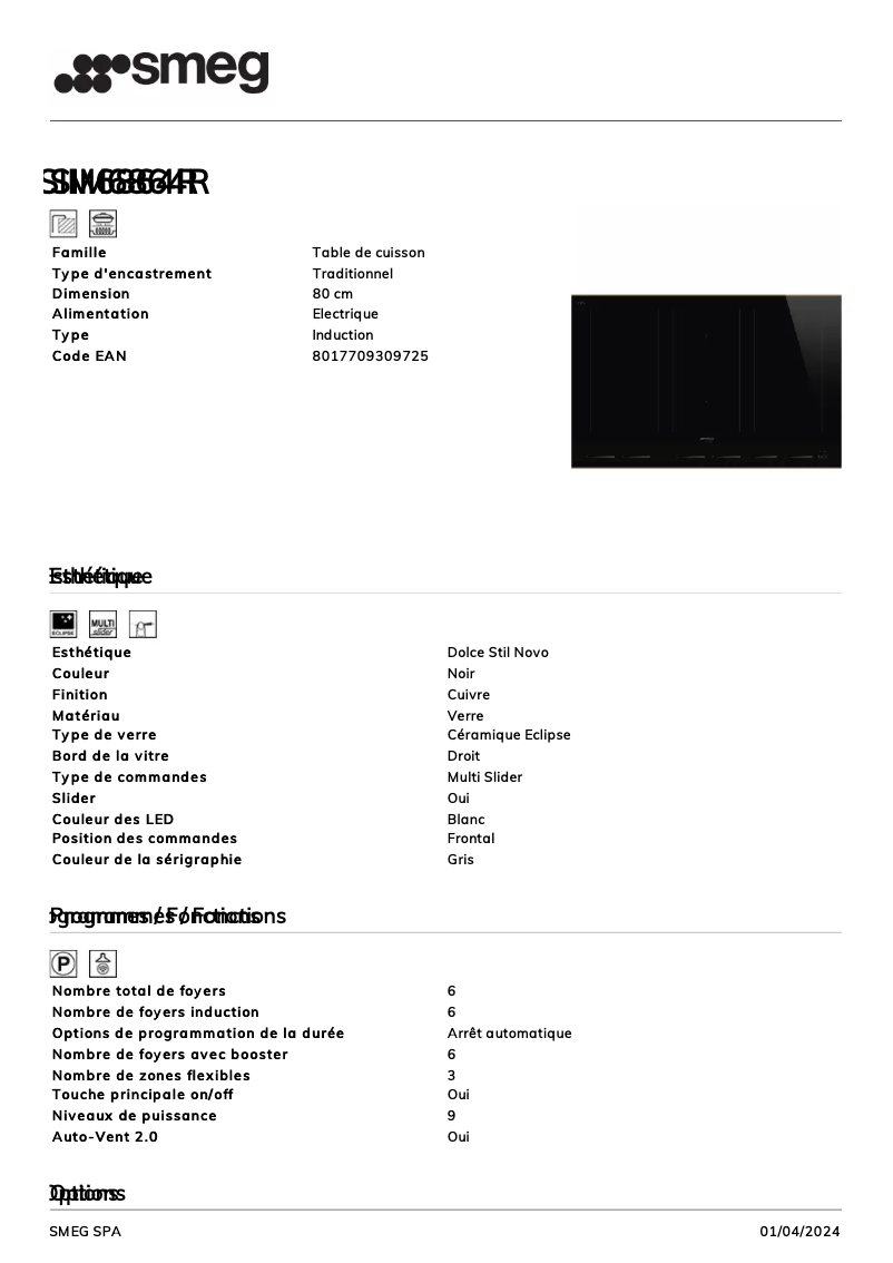 Page 1 of the manual Technical Sheet Smeg SIM6864R