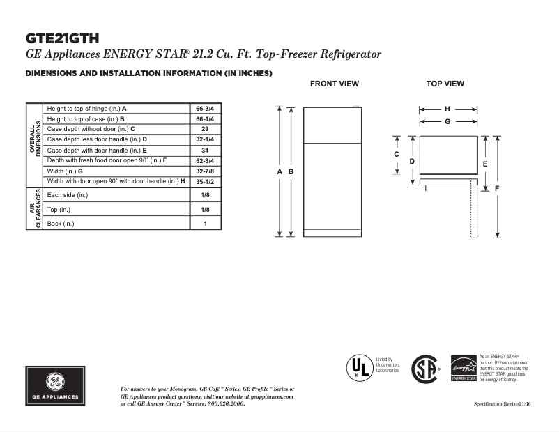 Page 1 of the manual Technical Sheet GE GTE21GTHWW