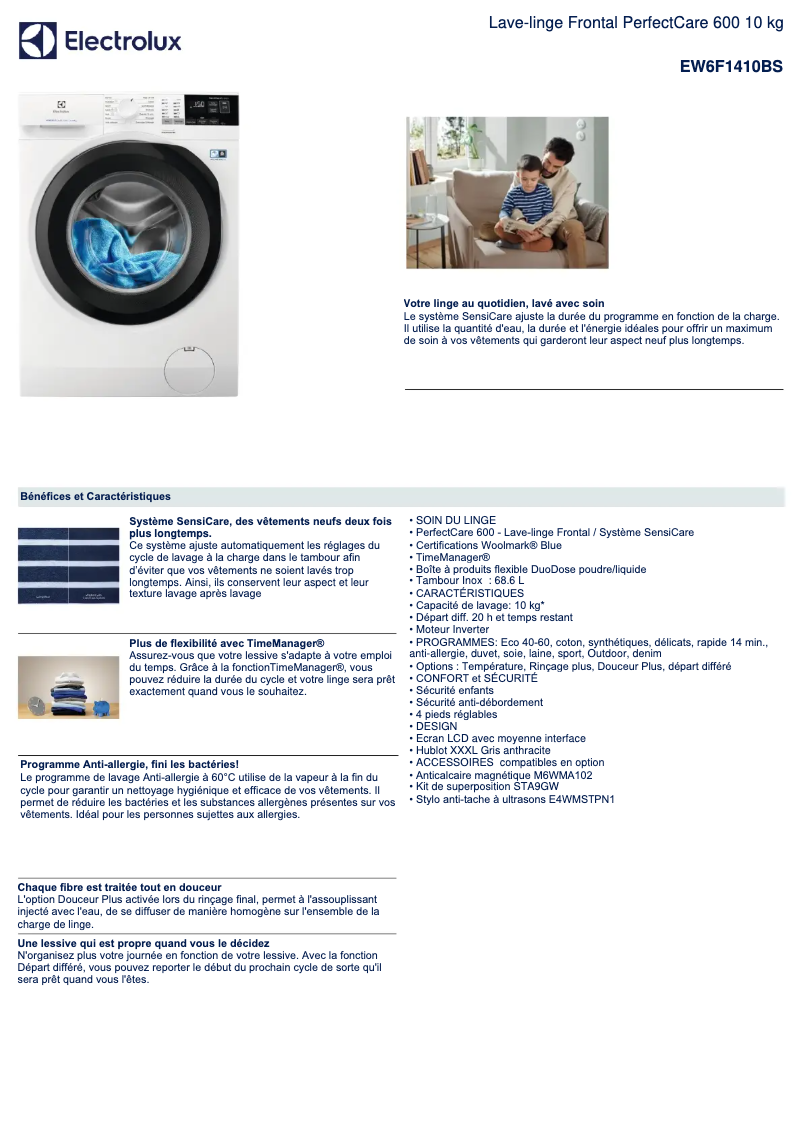 Page 1 of the manual Technical Sheet Electrolux EW6F1410BS