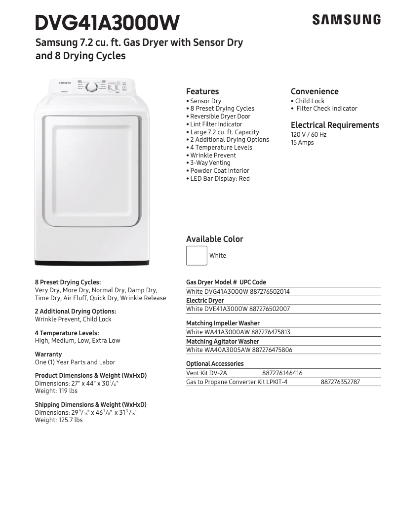 Page 1 of the manual Technical Sheet Samsung DVG41A3000W
