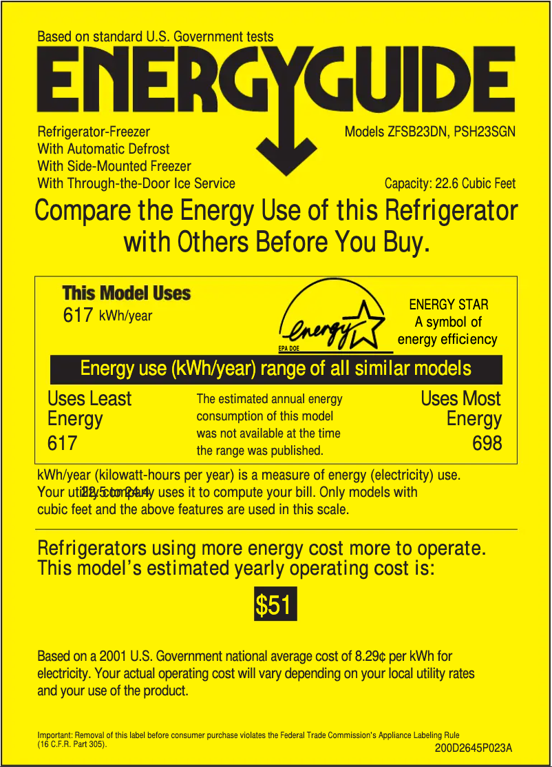 Page 1 of the manual Energy Label GE Profile Arctica CustomStyle PSH23SGNBS