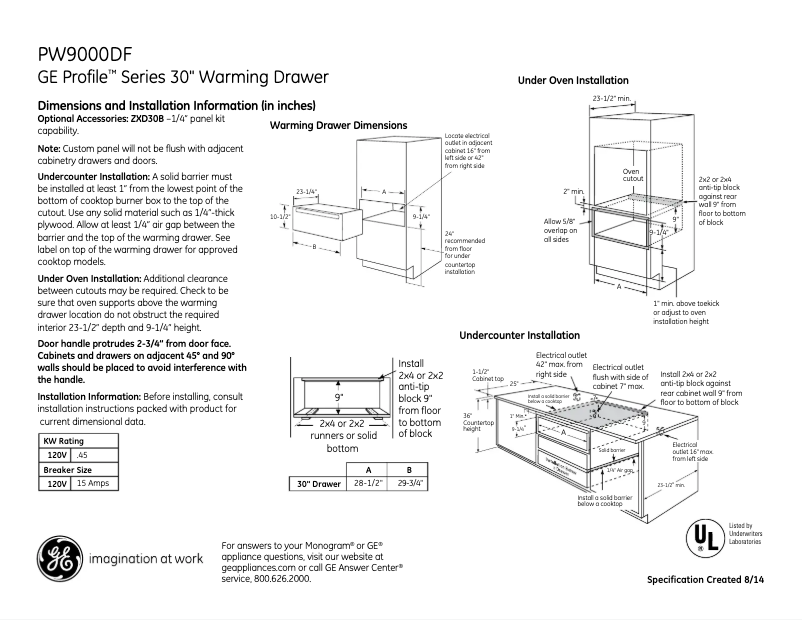 Page 1 of the manual Technical Sheet GE Profile PW9000DFBB