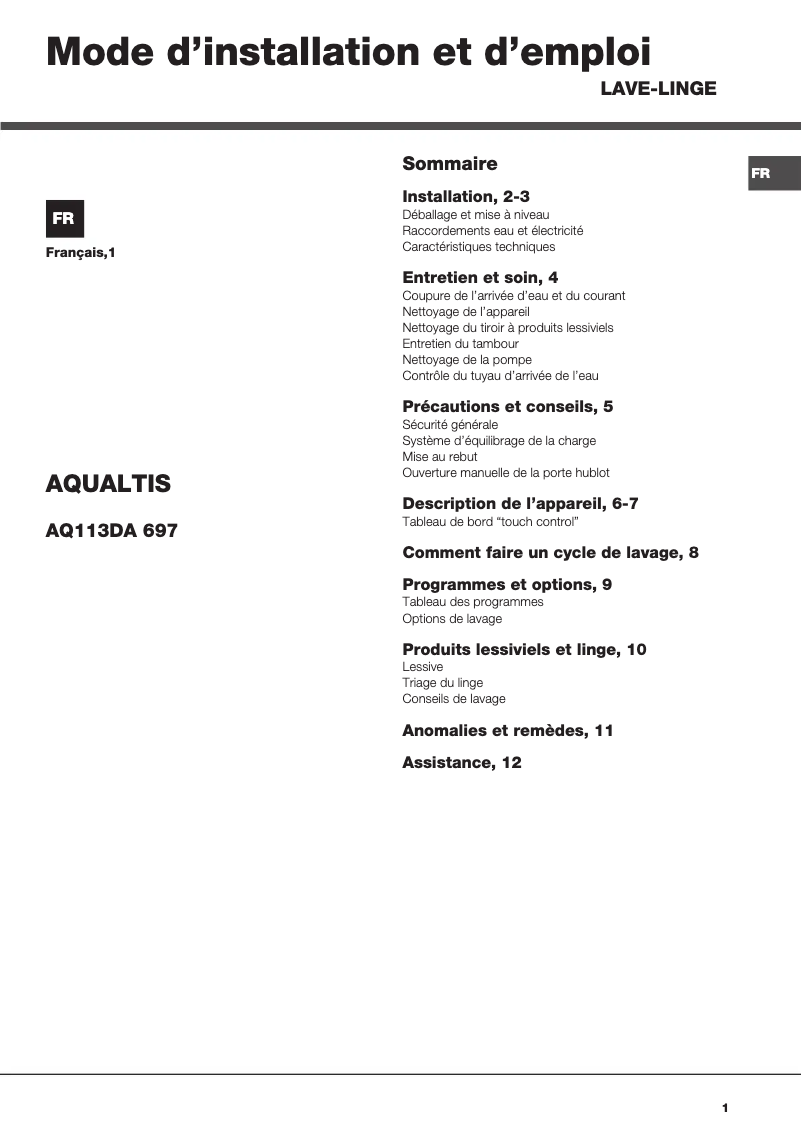 First page image of the manual for Aqualtis AQ113DA 697