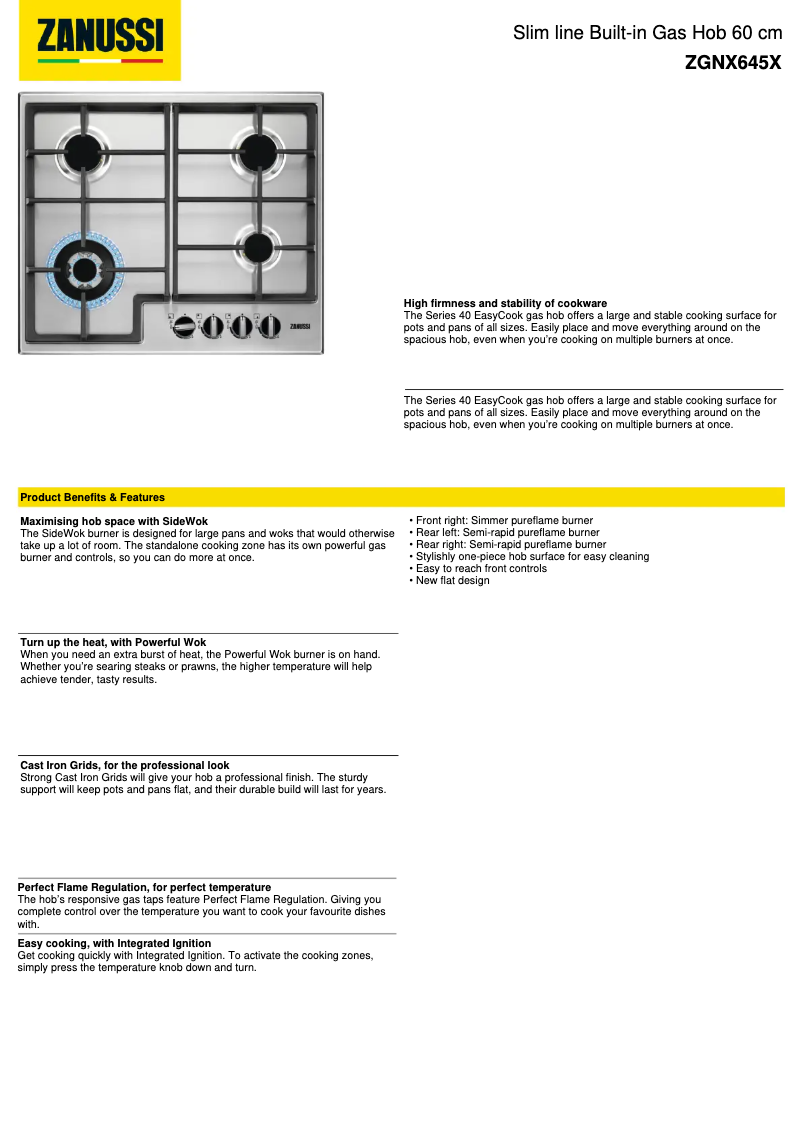 Page 1 of the manual Technical Sheet Zanussi ZGNX645X