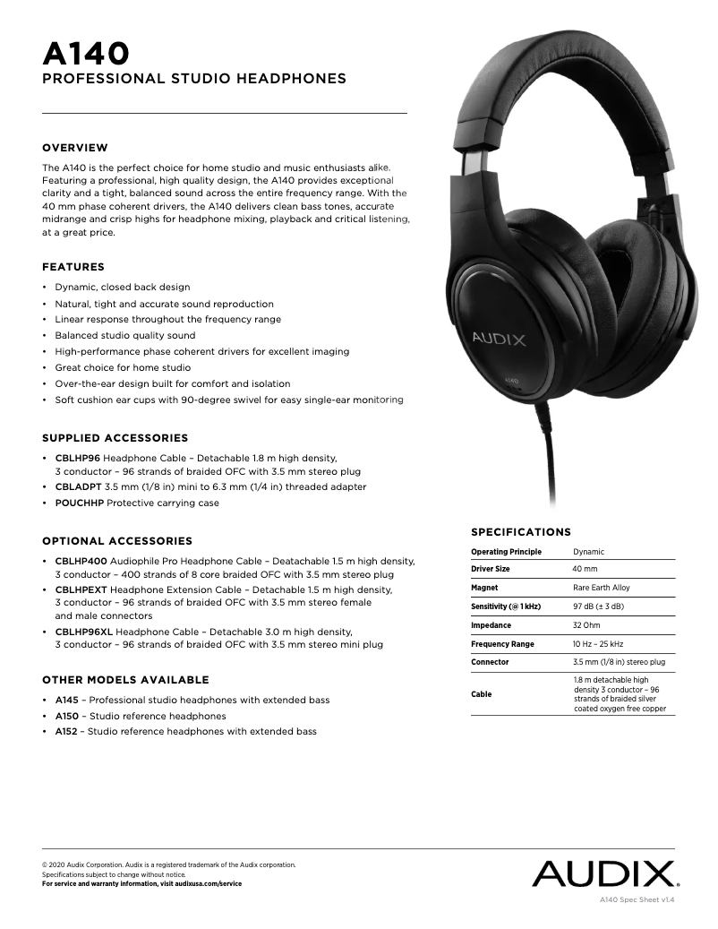 Page 1 of the manual Technical Sheet Audix A140