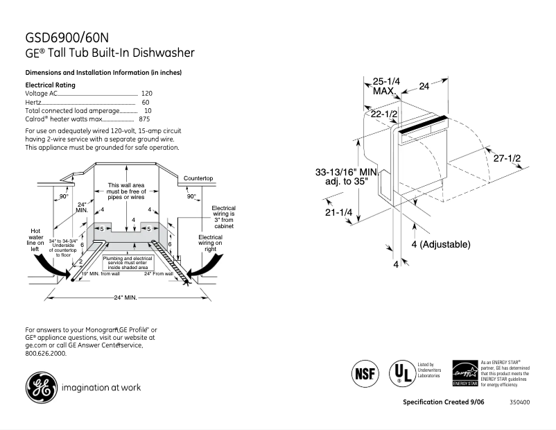 Page 1 of the manual Technical Sheet GE GSD6900NBB