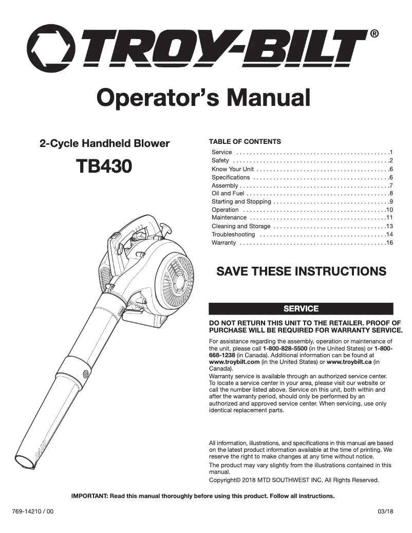Page 1 of the manual User Manual Troy-Bilt TB430