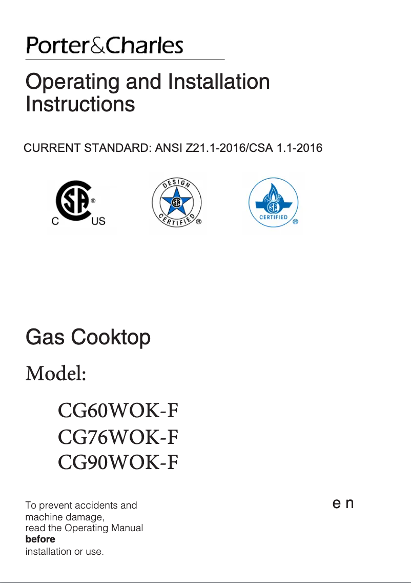 Page 1 of the manual User Manual Porter & Charles CG76WOK-F