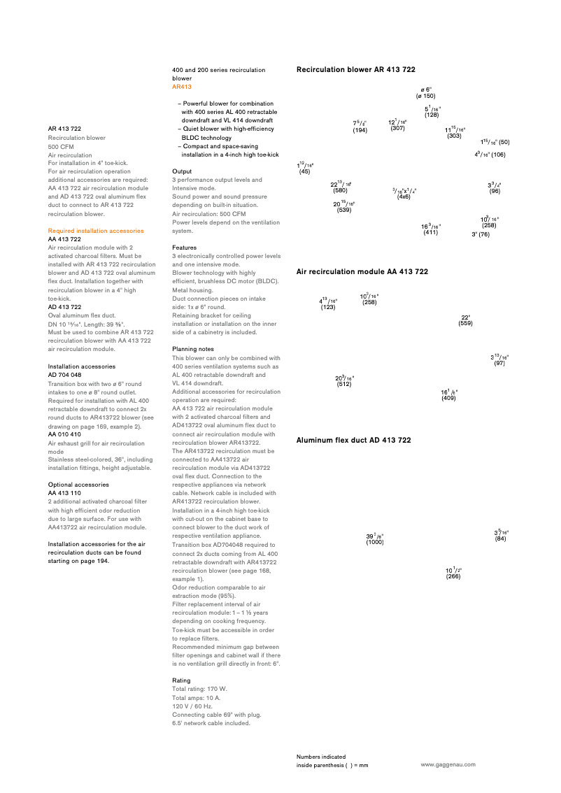 Page 1 of the manual Technical Sheet Gaggenau AR413722