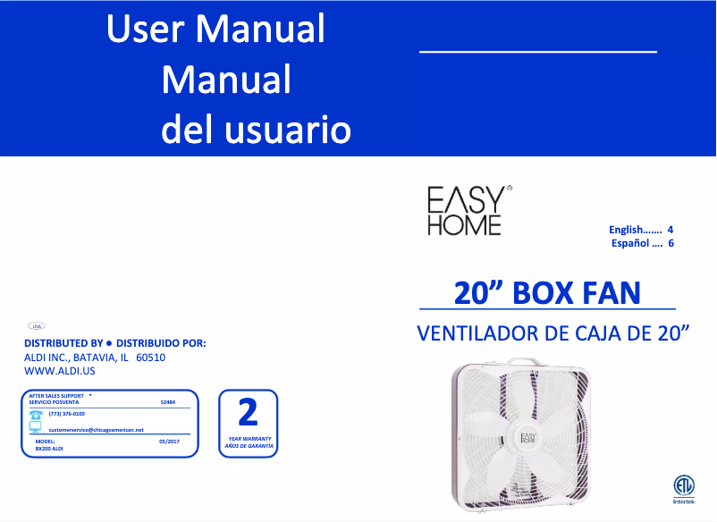 Page 1 of the manual User Manual Easy Home Box Fan BX200ALDI