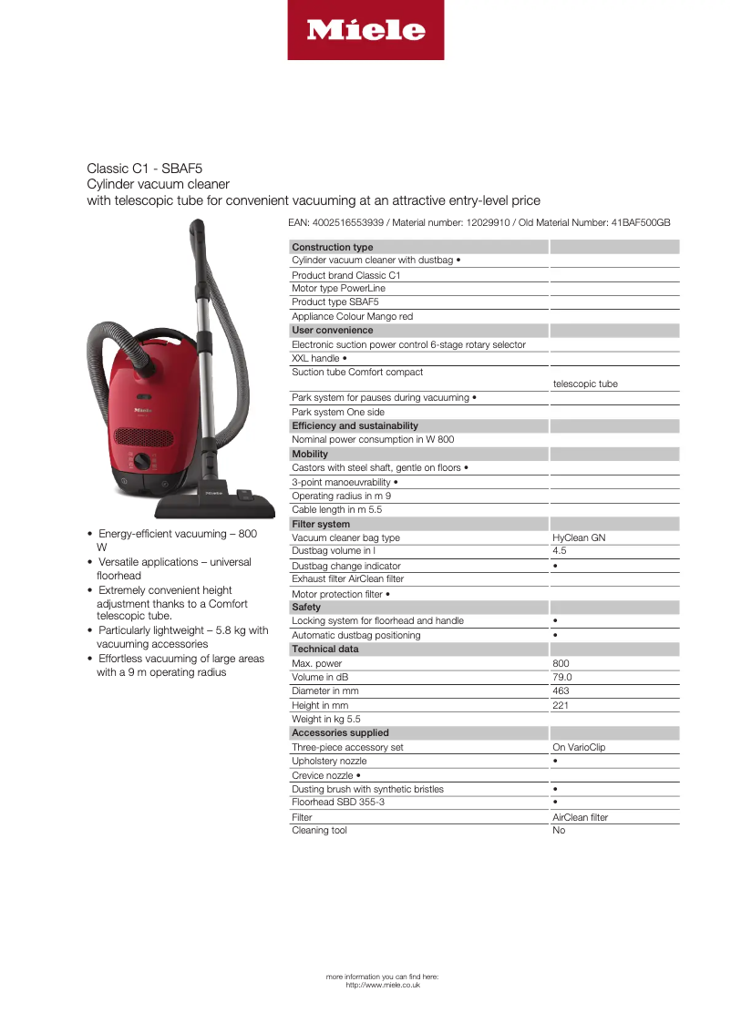 Page 1 of the manual Technical Sheet Miele Classic C1