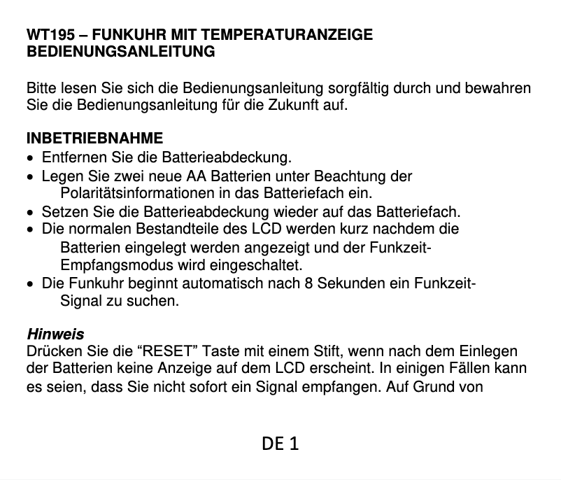 First page image of the manual for WT 195