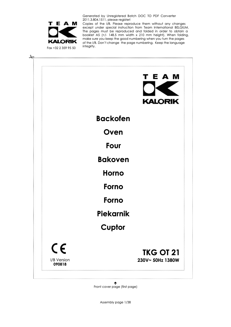 First page image of the manual for TKG OT 21
