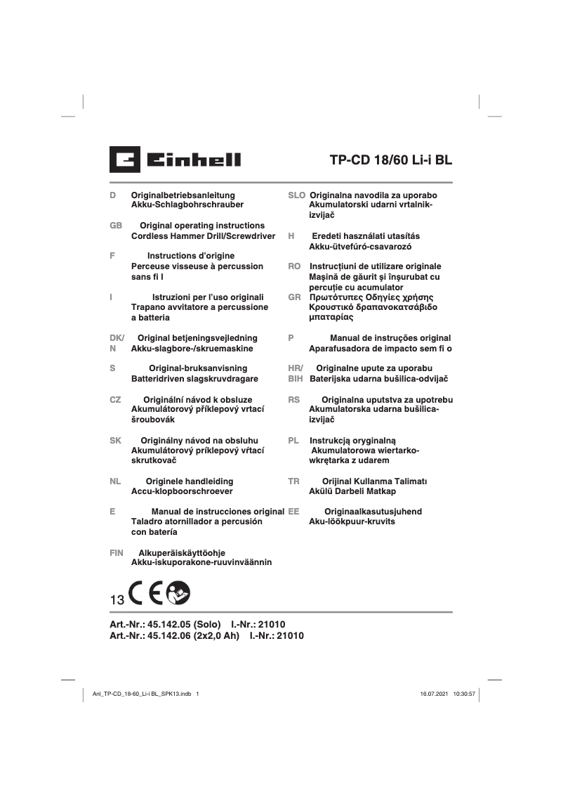Page 1 of the manual User Manual Einhell TP-CD 18/60 Li- i BL Solo