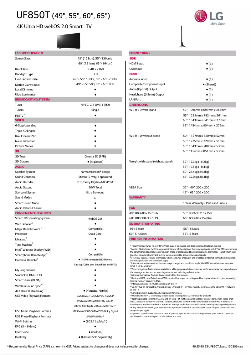 First page image of the manual for 55UF850T
