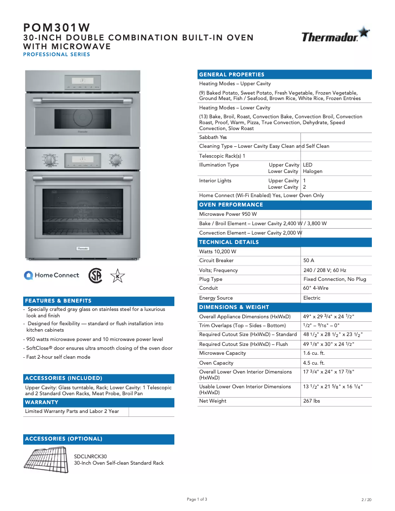 Page 1 of the manual Technical Sheet Thermador POM301W