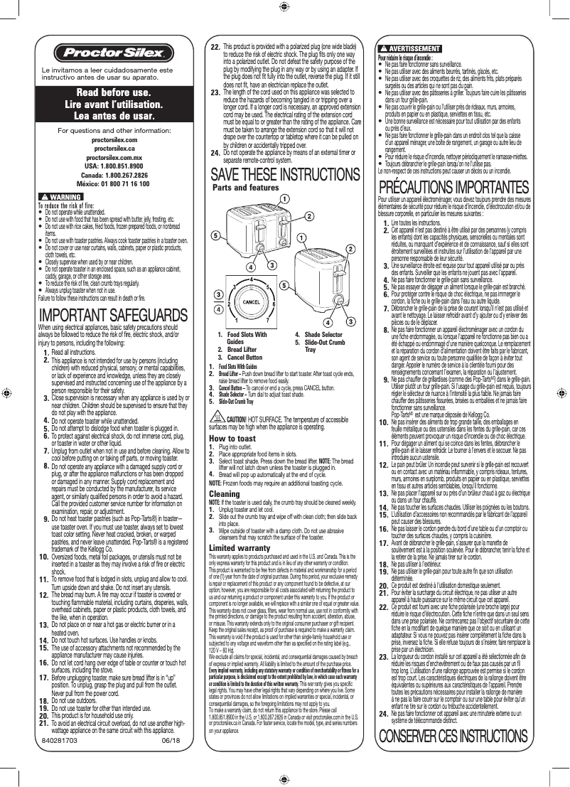 Page 1 de la notice Manuel utilisateur Proctor Silex 22215PS
