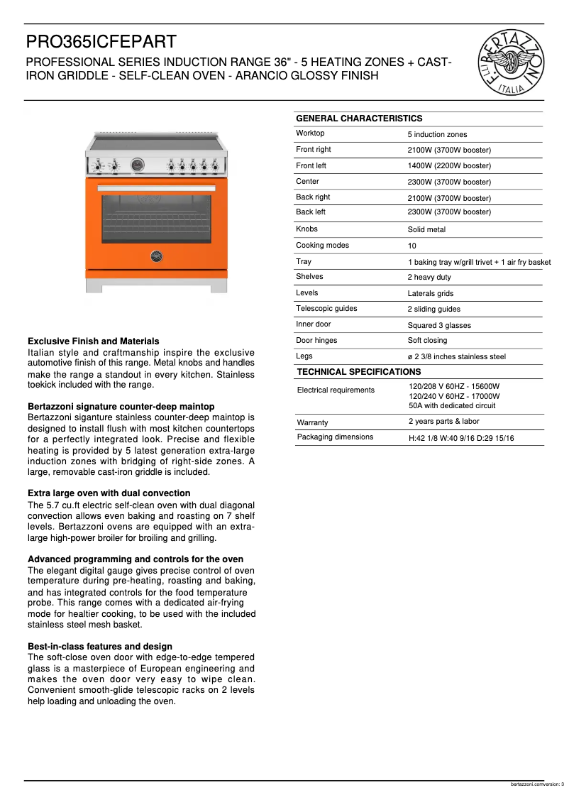 Page 1 of the manual Technical Sheet Bertazzoni PRO365ICFEPART