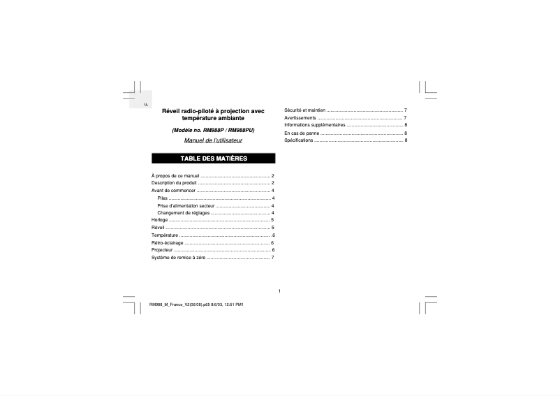 First page image of the manual for RM988P