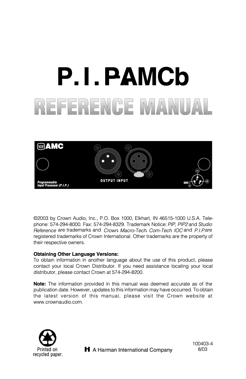 First page image of the manual for P.I.P.-AMCb