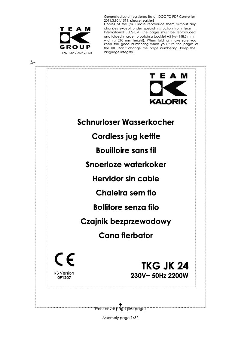 Page 1 of the manual User Manual Kalorik TKG JK 24